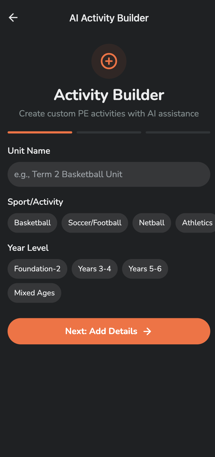 AI Activity Builder input showing sport and year level selection