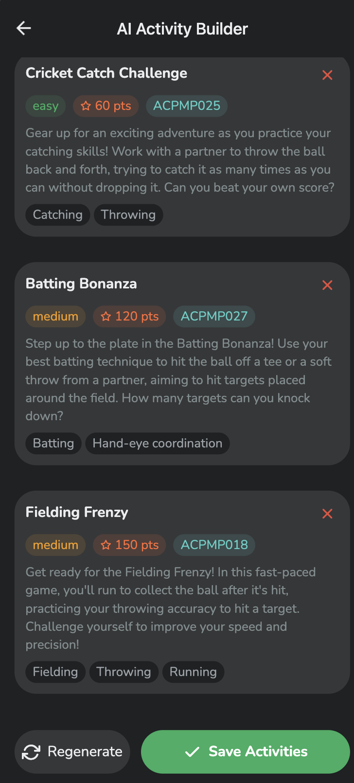 AI Activity Builder output showing generated activities with points and curriculum codes