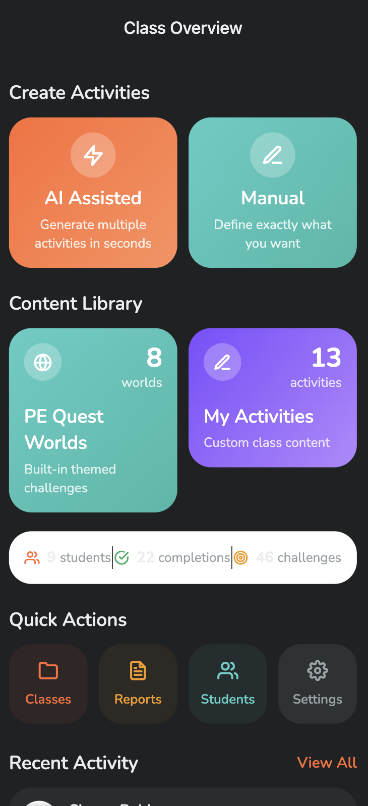 MoveWorlds Teacher Dashboard with class overview and quick actions