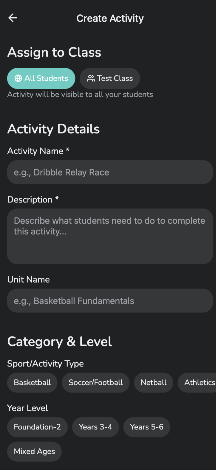 Manual Activity Builder showing custom activity creation with class assignment