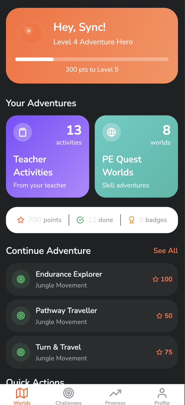 MoveWorlds Student Home showing adventures, points, badges, and activity challenges