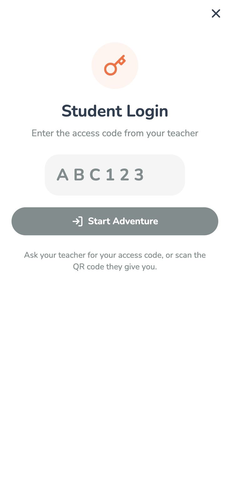 Student Login screen with QR code entry