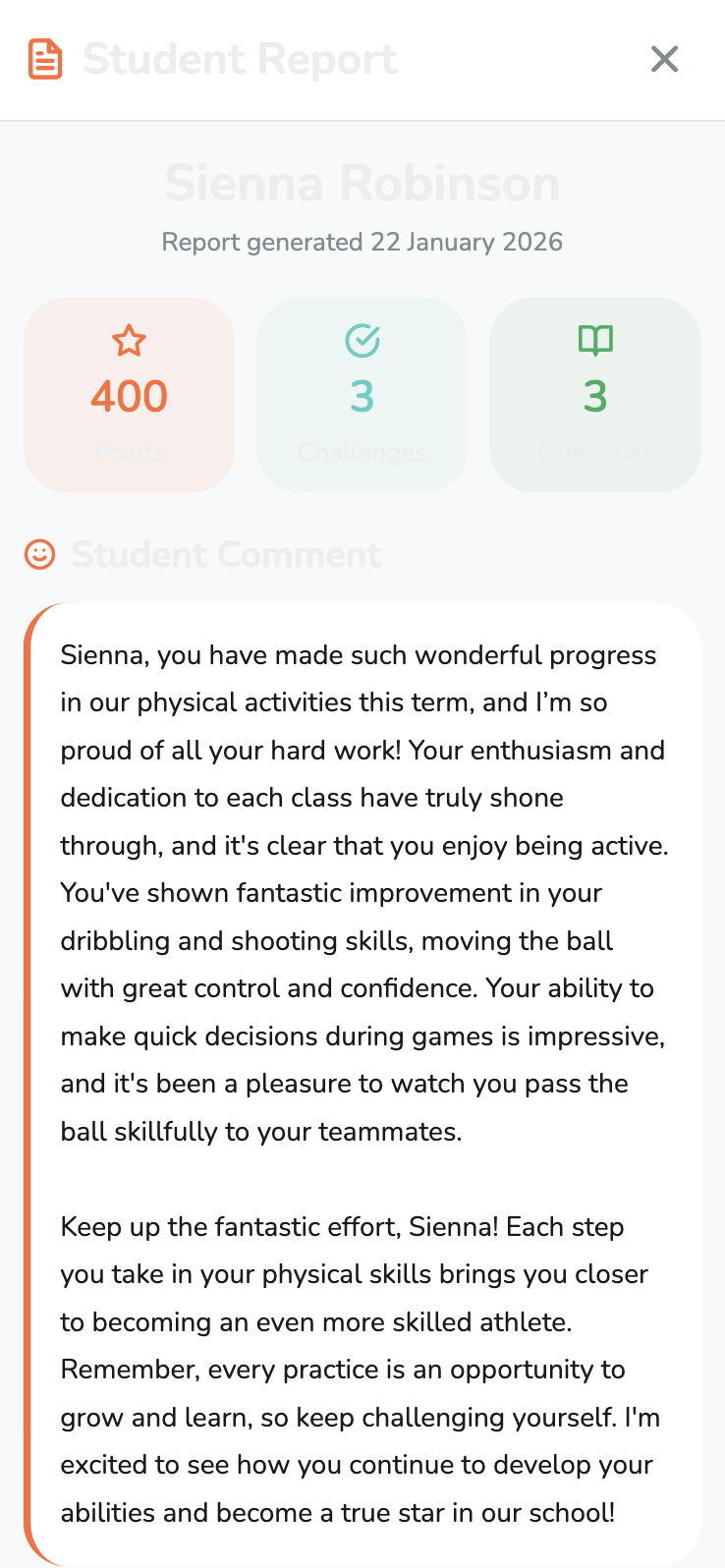 Student report showing personalized feedback and achievement summary