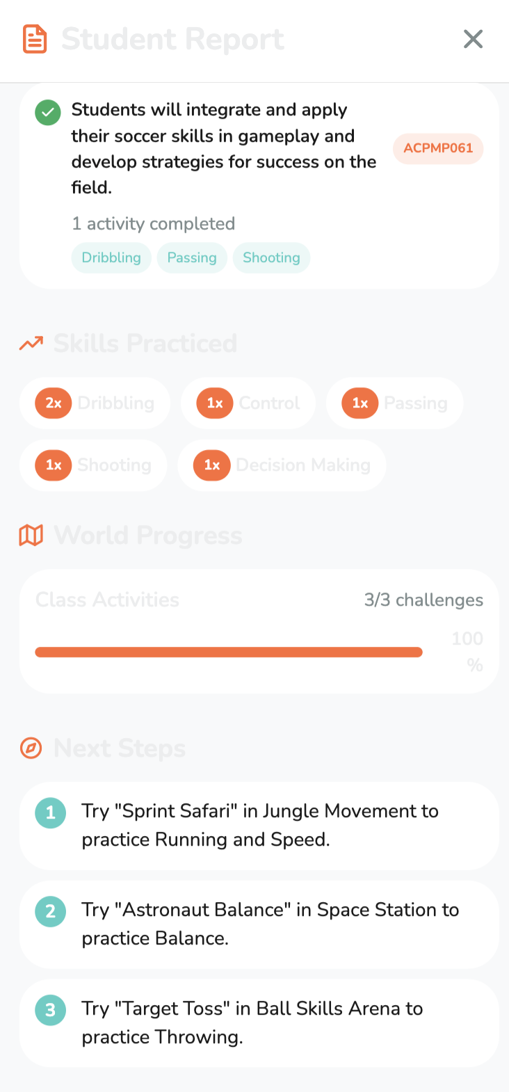 Teacher report showing curriculum codes, skills practiced, and next steps